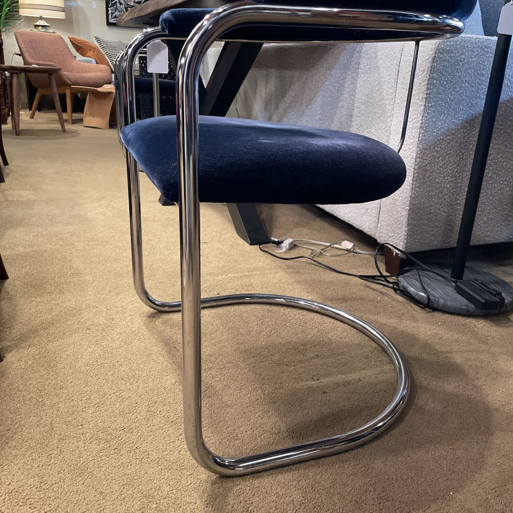 Anton Lorenz For Thonet Blue Velvet & Chrome Accent Chair