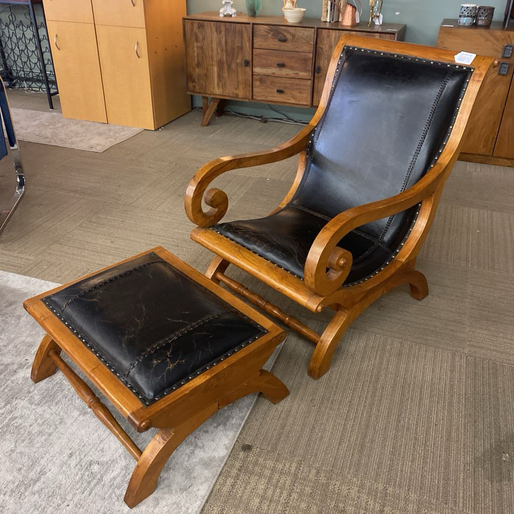 Leather & Tropical Hardwood Plantation Chair & Ottoman