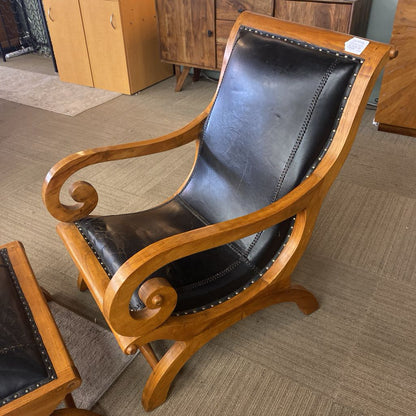 Leather & Tropical Hardwood Plantation Chair & Ottoman