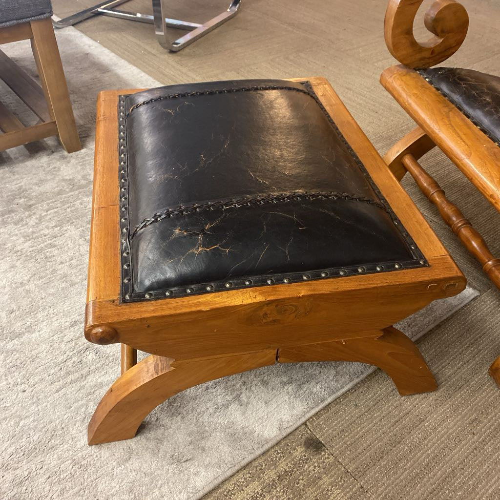 Leather & Tropical Hardwood Plantation Chair & Ottoman