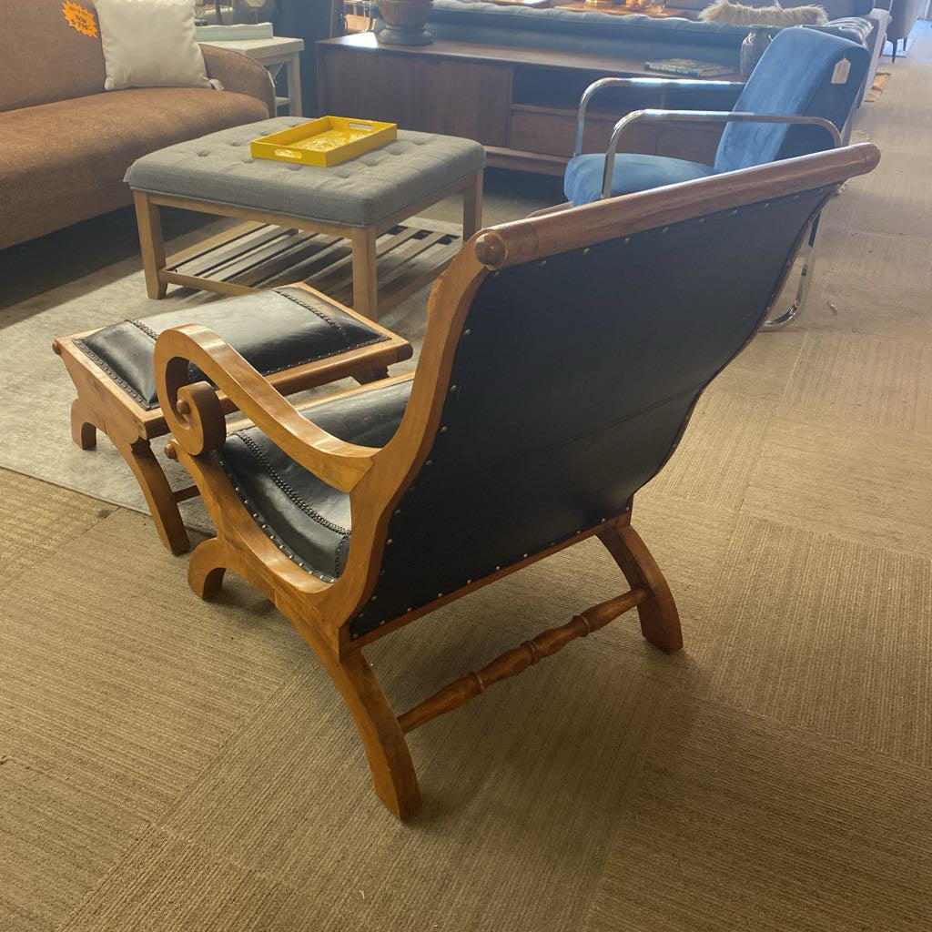 Leather & Tropical Hardwood Plantation Chair & Ottoman