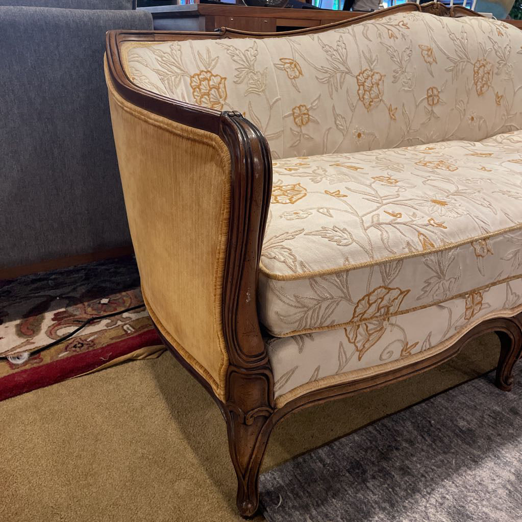 Carved Wood VIctoria Style Sofa w/ Gold Floral Patterns
