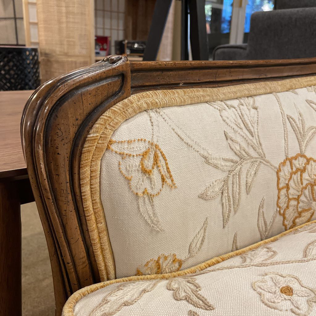 Carved Wood VIctoria Style Sofa w/ Gold Floral Patterns