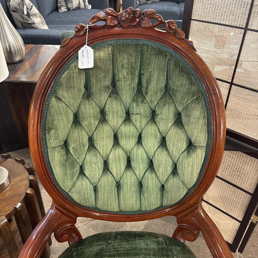 Vintage Victorian Green Velvet Accent Chair