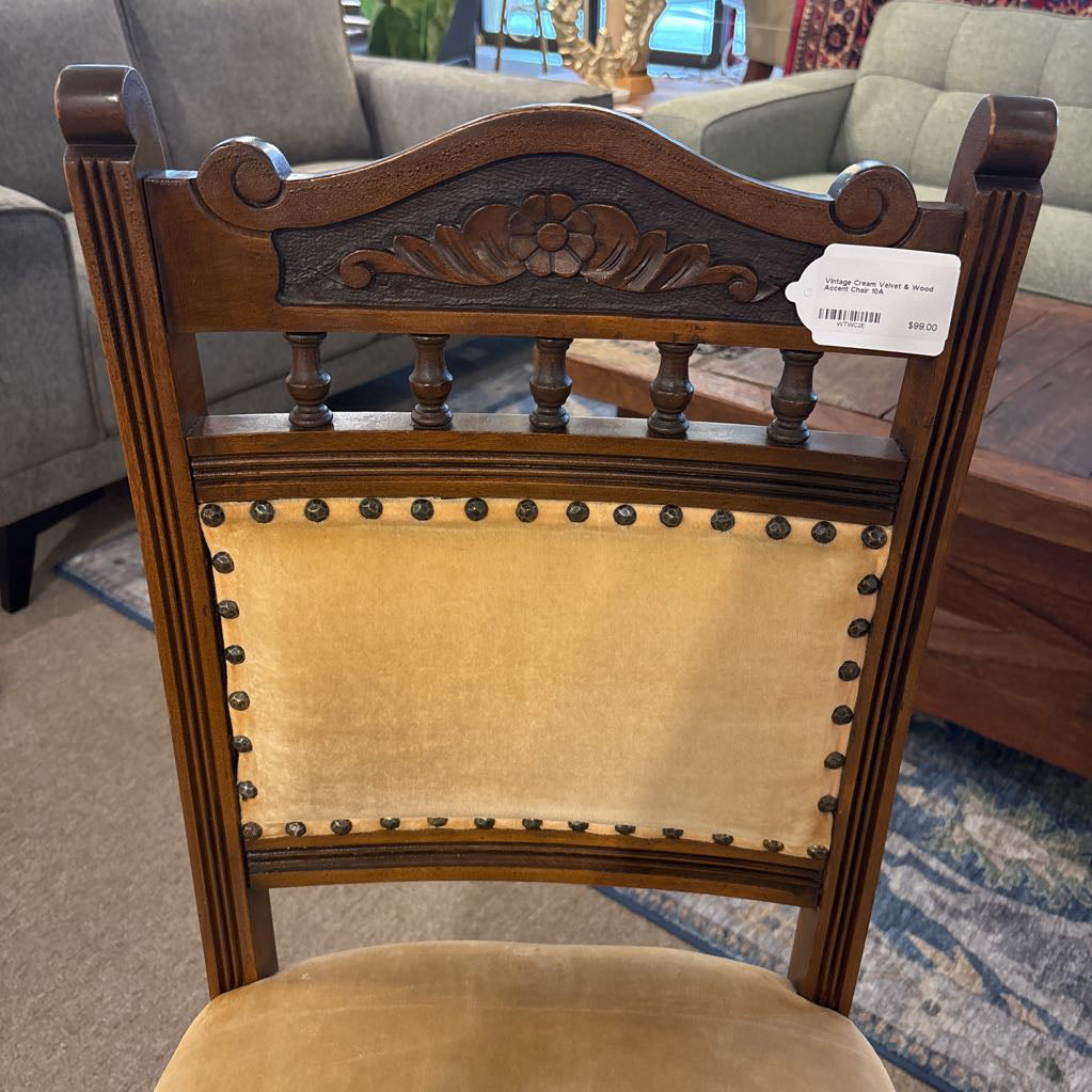Vintage Cream Velvet & Wood Accent Chair