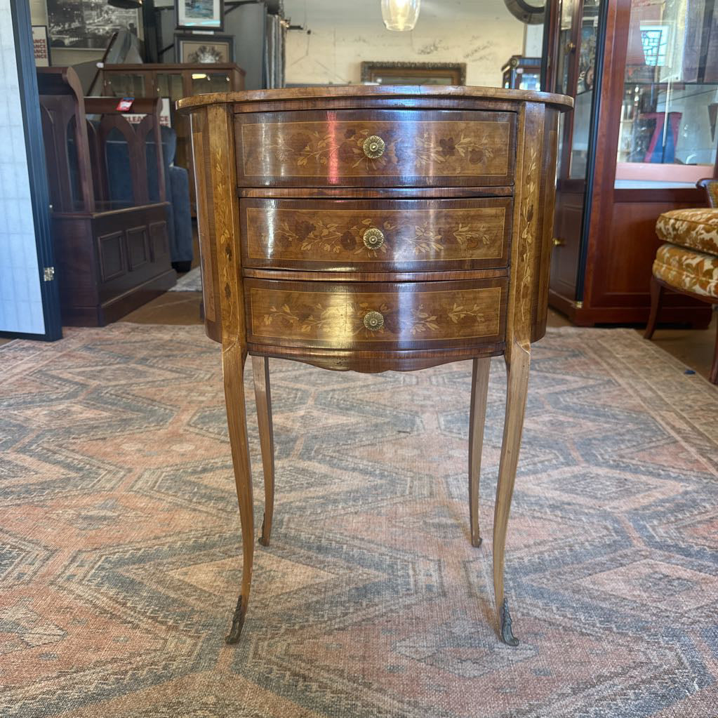 Ornate Inlay 3 Drawer Oval Sidetable