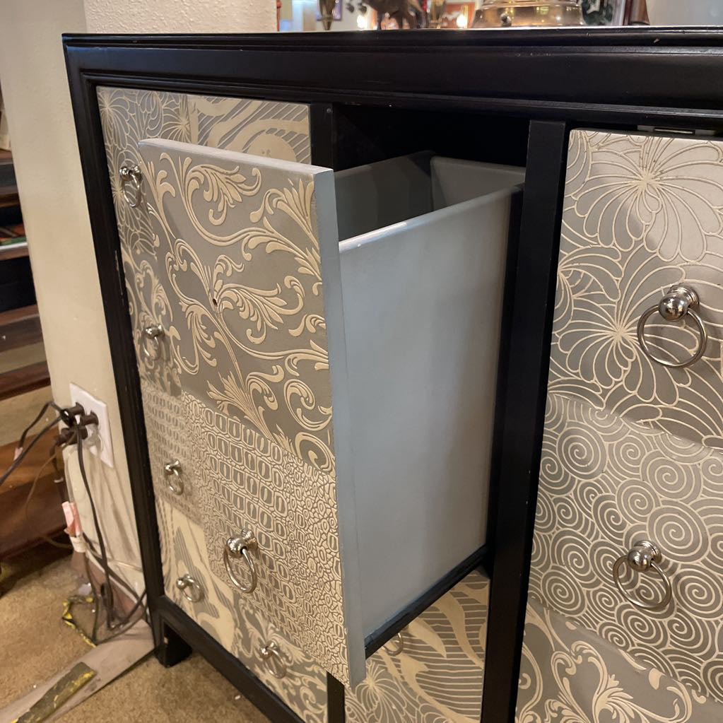 Black Cabinet w Ornate Silver Front Cabinet - As Is