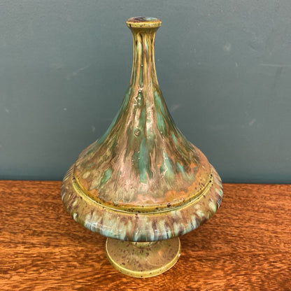 MCM Blue Green Glaze Tall Footed Candy Dish w/Lid SMALLS