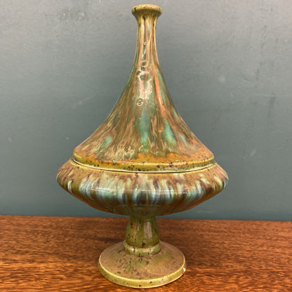 MCM Blue Green Glaze Tall Footed Candy Dish w/Lid SMALLS