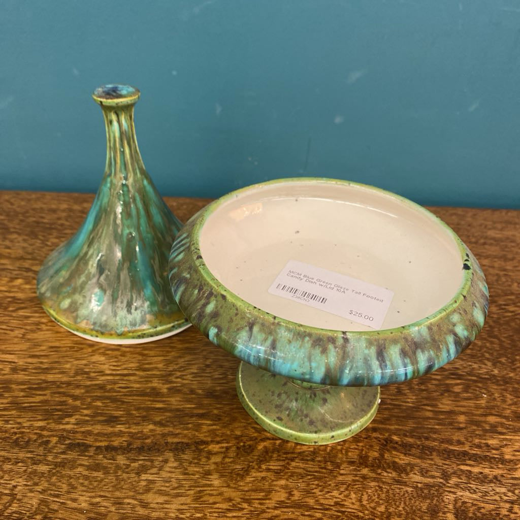MCM Blue Green Glaze Tall Footed Candy Dish w/Lid SMALLS