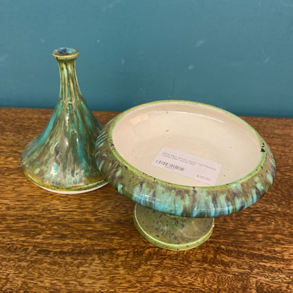 MCM Blue Green Glaze Tall Footed Candy Dish w/Lid SMALLS