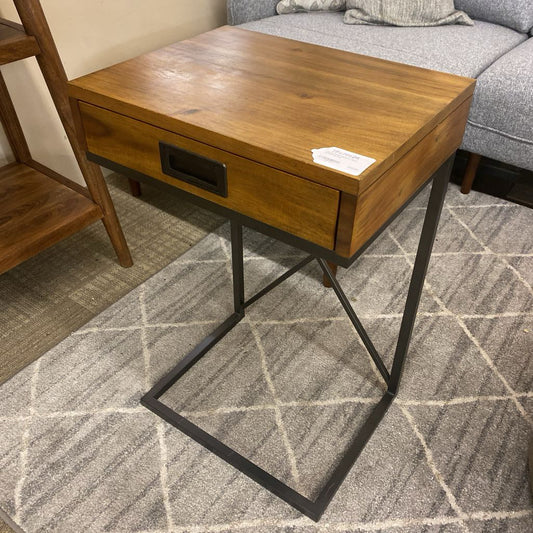 Wood Finish Metal C Table w/Drawer