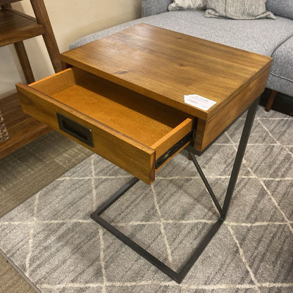 Wood Finish Metal C Table w/Drawer