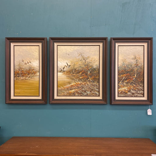 Vintage Signed Duck Marsh Triptych