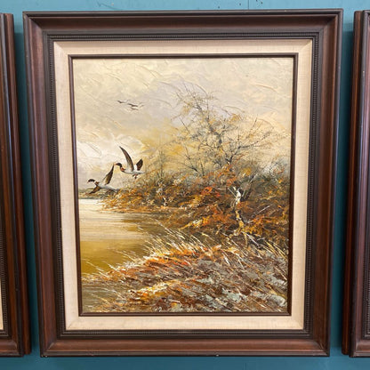 Vintage Signed Duck Marsh Triptych