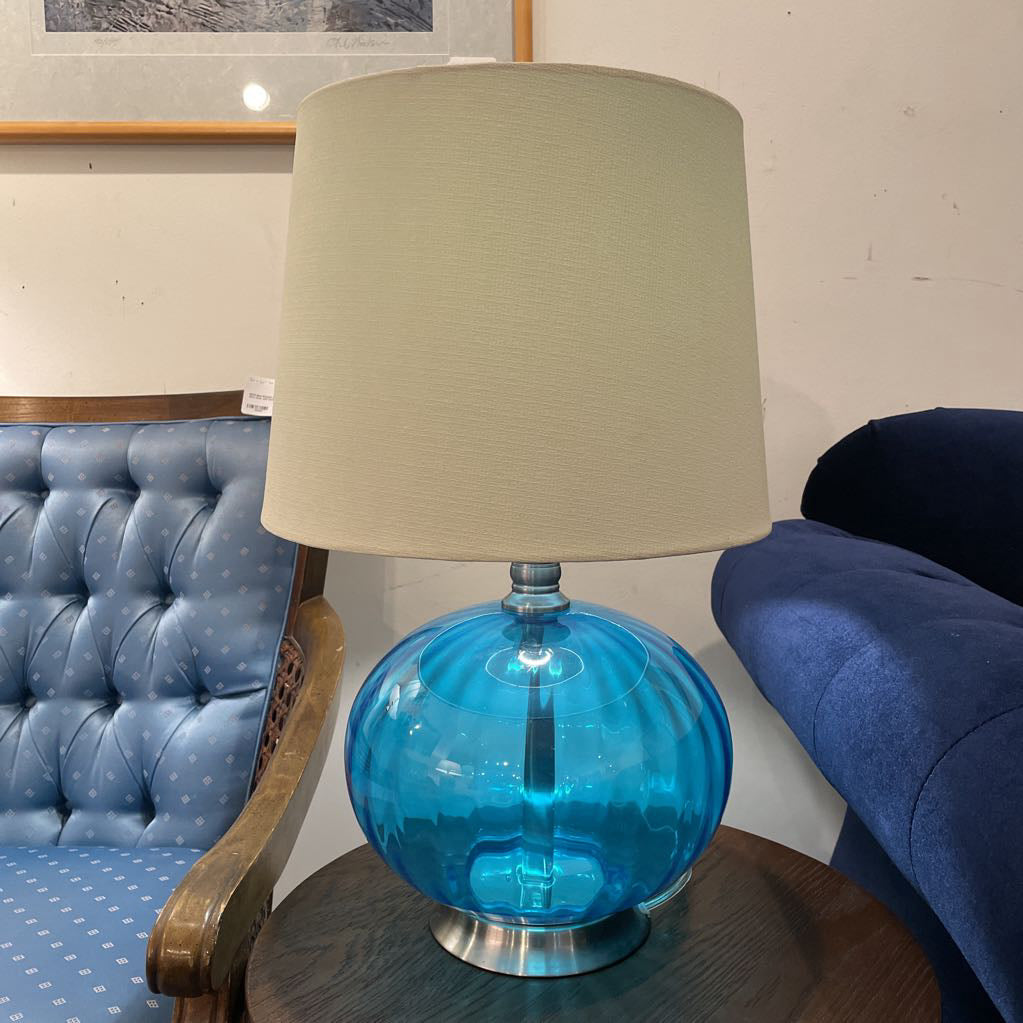 Round Bright Blue Glass Lamp with Blue Ball Finial