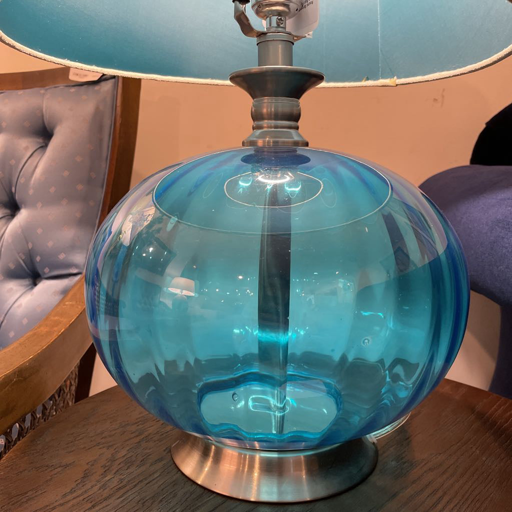 Round Bright Blue Glass Lamp with Blue Ball Finial