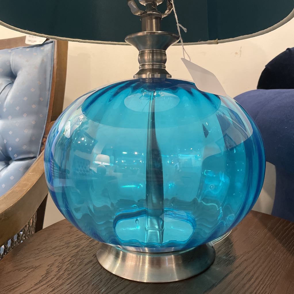Round Bright Blue Glass Lamp with Blue Ball Finial