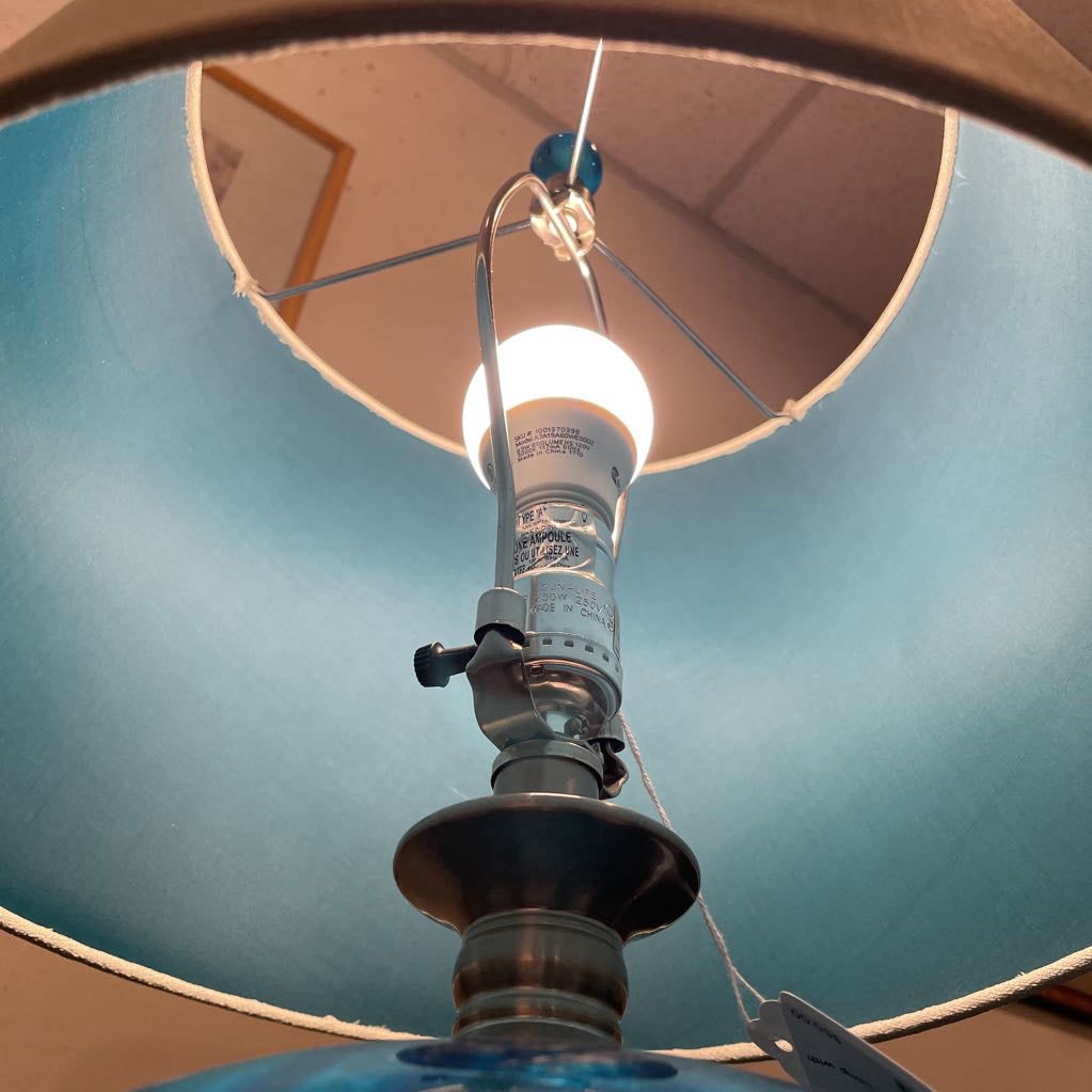 Round Bright Blue Glass Lamp with Blue Ball Finial