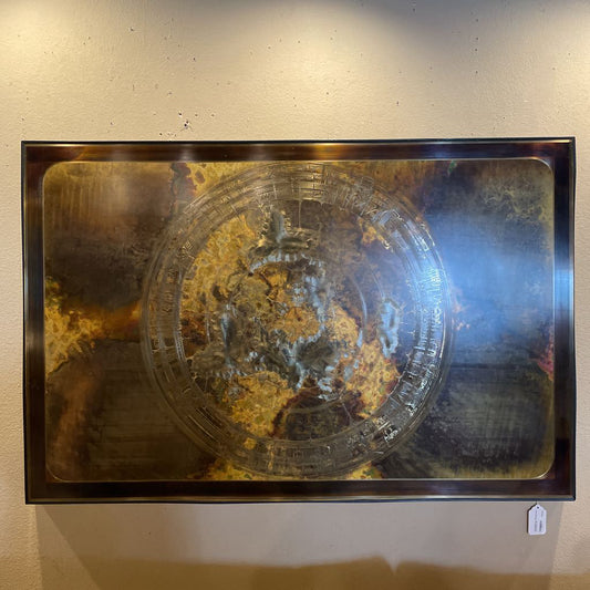 Large Metallic Art Featuring Wheel and Symbols ART