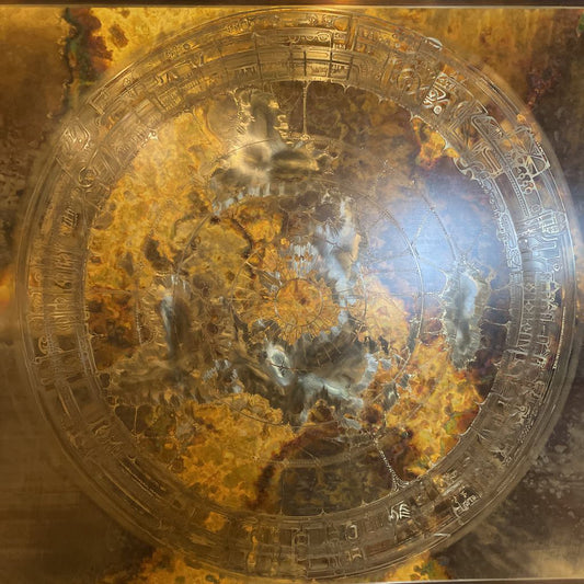 Large Metallic Art Featuring Wheel and Symbols ART
