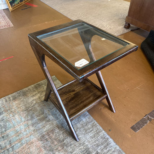 Glass and Walnut Recliner Table C SIDE TABLES