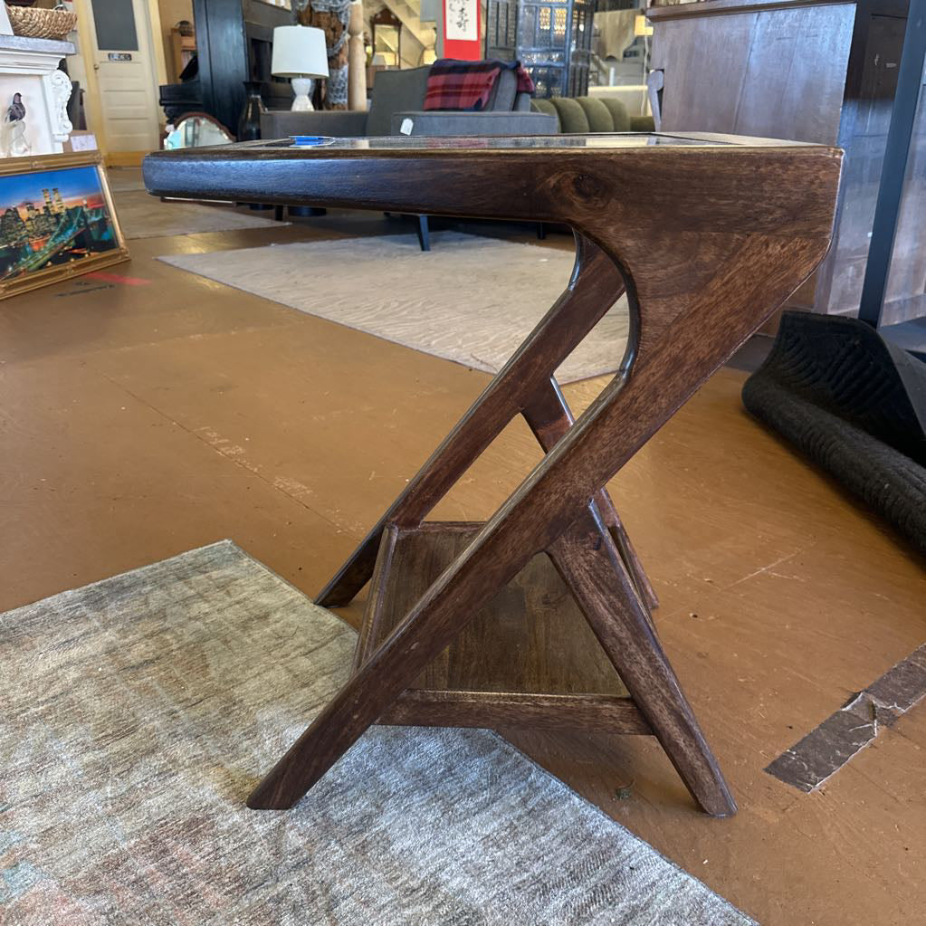 Glass and Walnut Recliner Table C SIDE TABLES