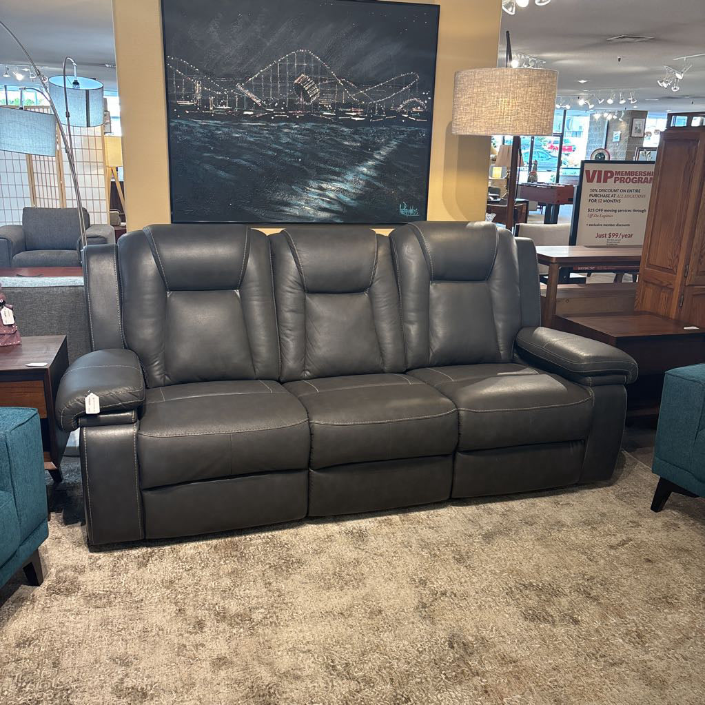 Grey Leather Power Recliner Sofa