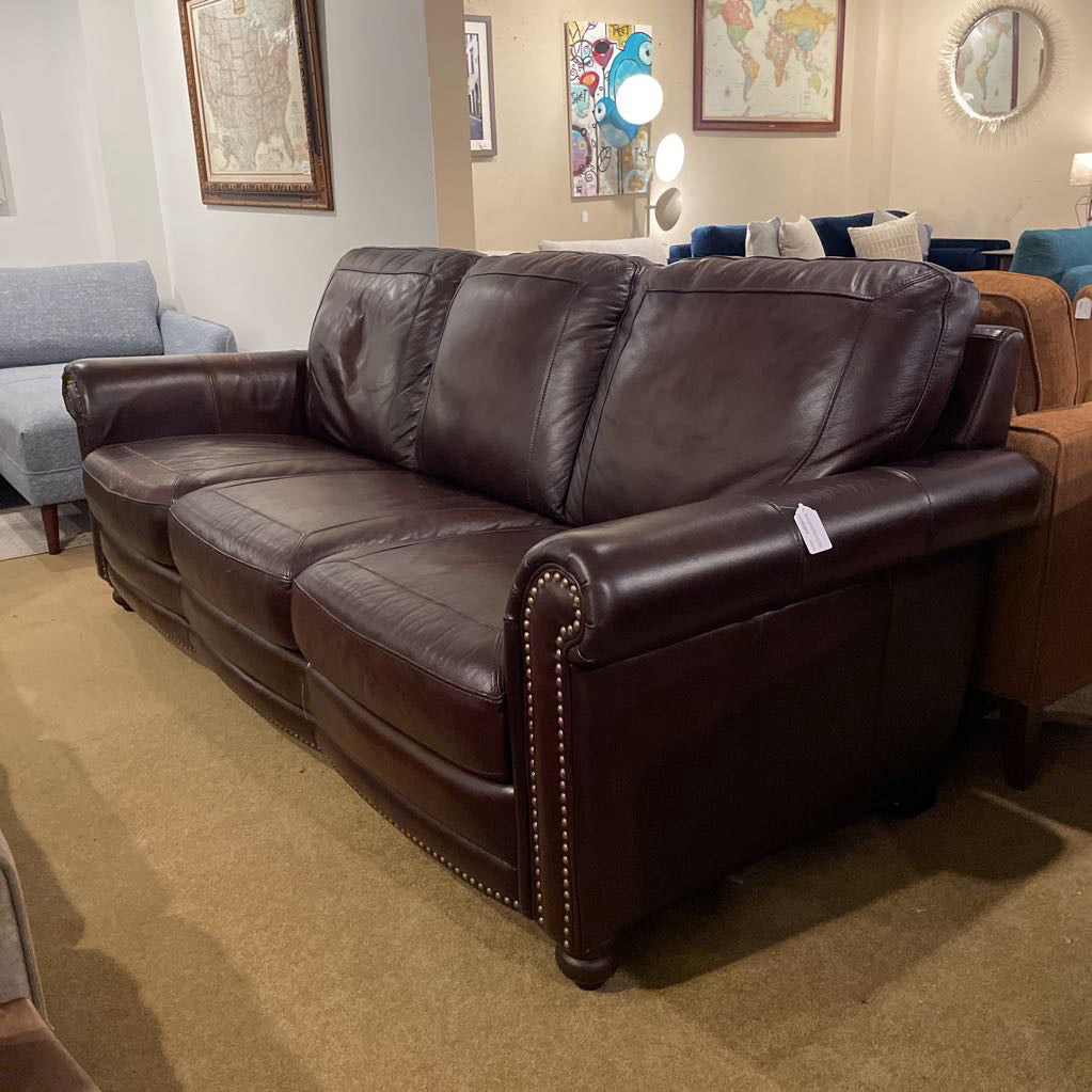 Brown Leather Rolled Arm with Decorative Tacs Brown Sofa