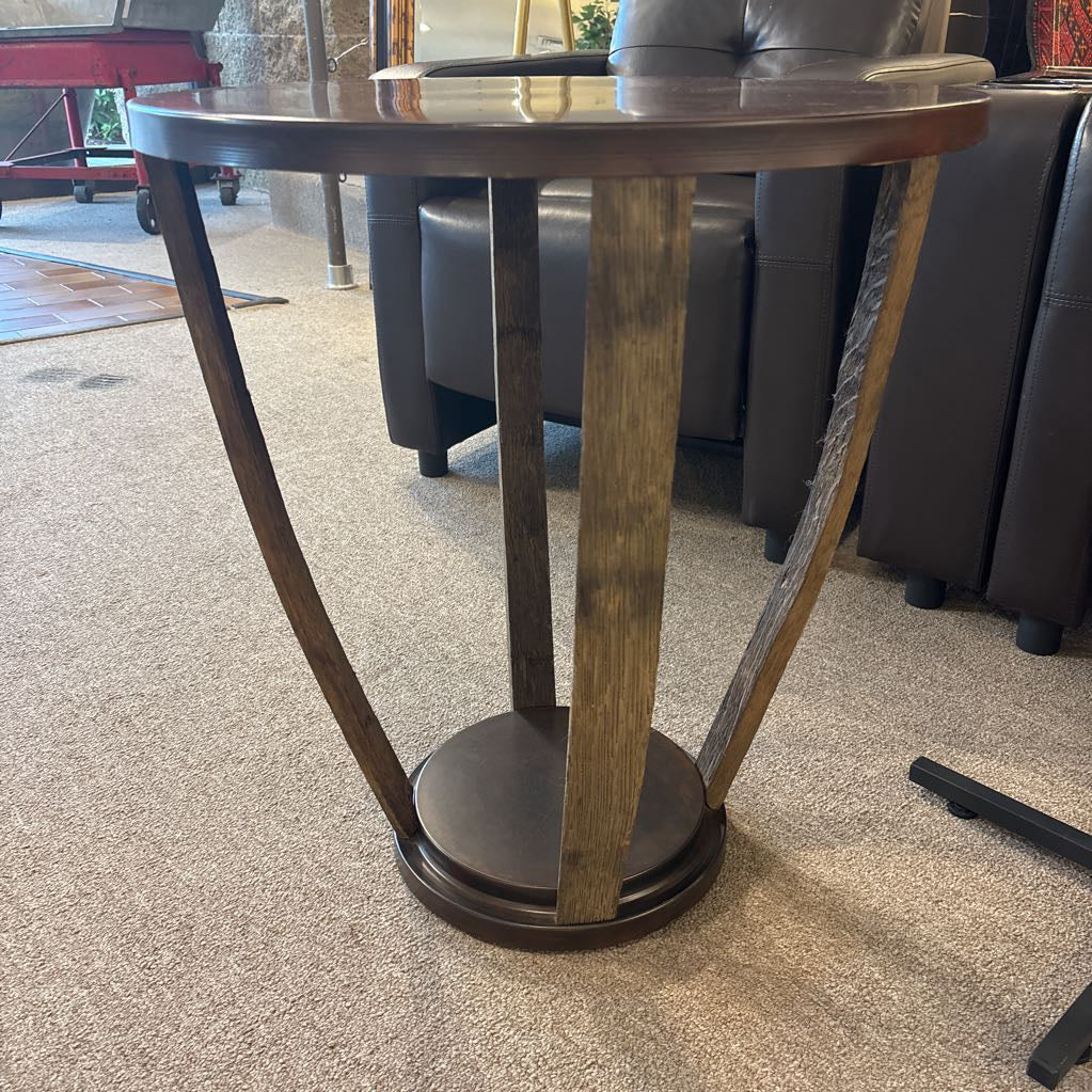Round Finished Top & Rustic Wine Barrel Leg Side Table