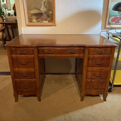 French Provincial Leather Top with Gold Detailing 9 Drawer Desk