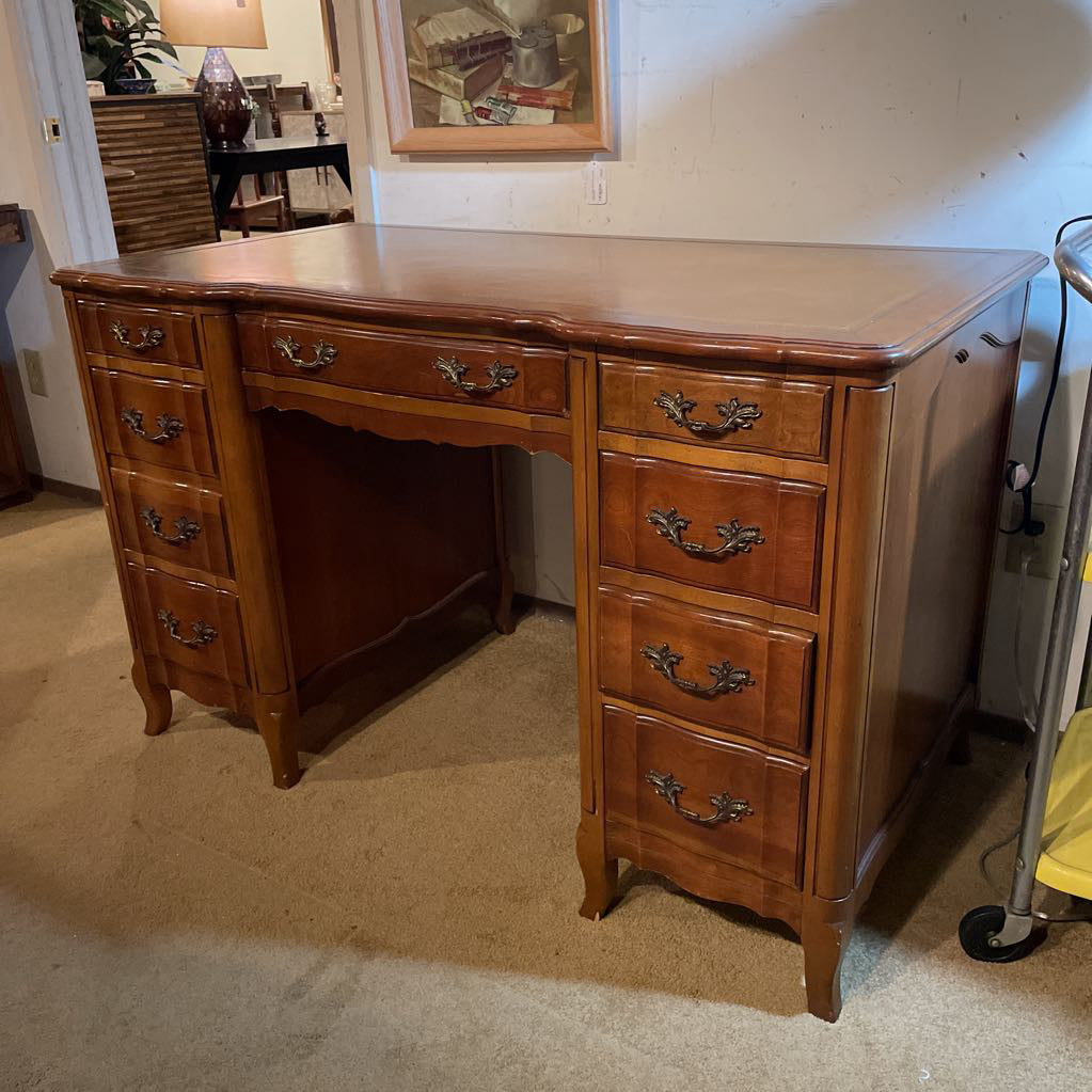 French Provincial Leather Top with Gold Detailing 9 Drawer Desk