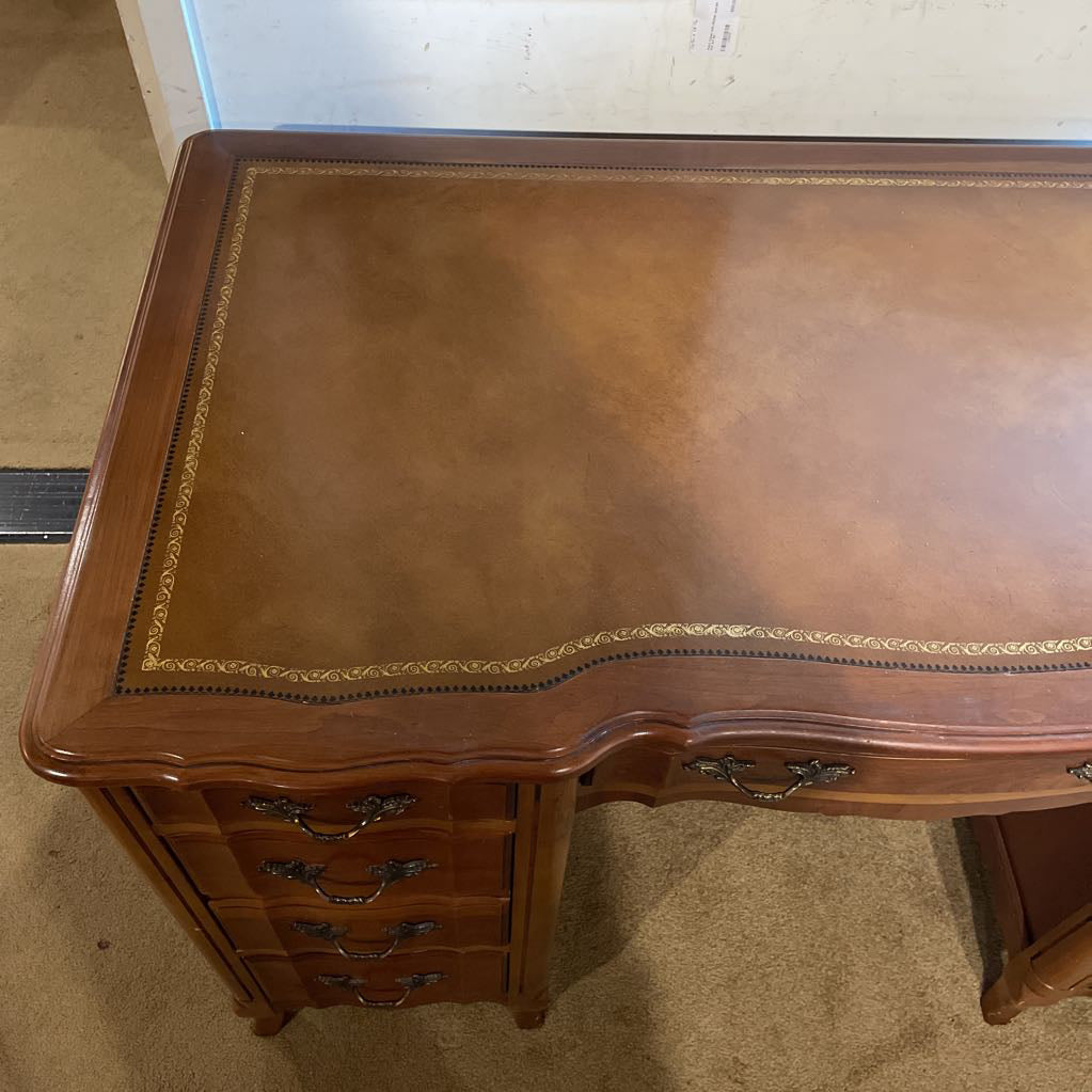 French Provincial Leather Top with Gold Detailing 9 Drawer Desk