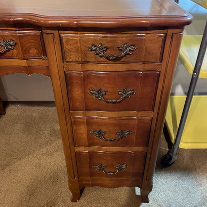 French Provincial Leather Top with Gold Detailing 9 Drawer Desk