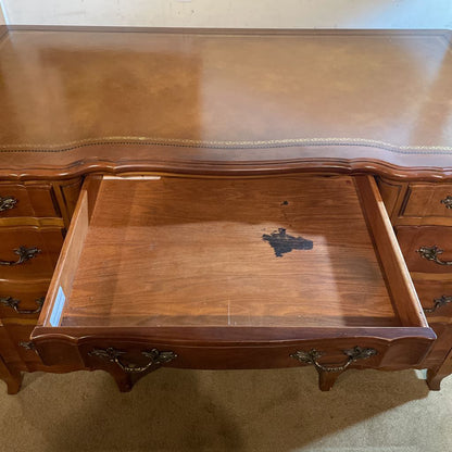 French Provincial Leather Top with Gold Detailing 9 Drawer Desk
