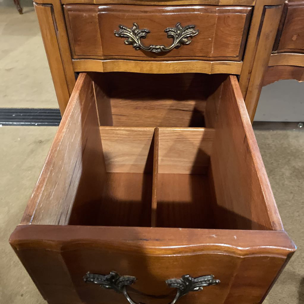 French Provincial Leather Top with Gold Detailing 9 Drawer Desk