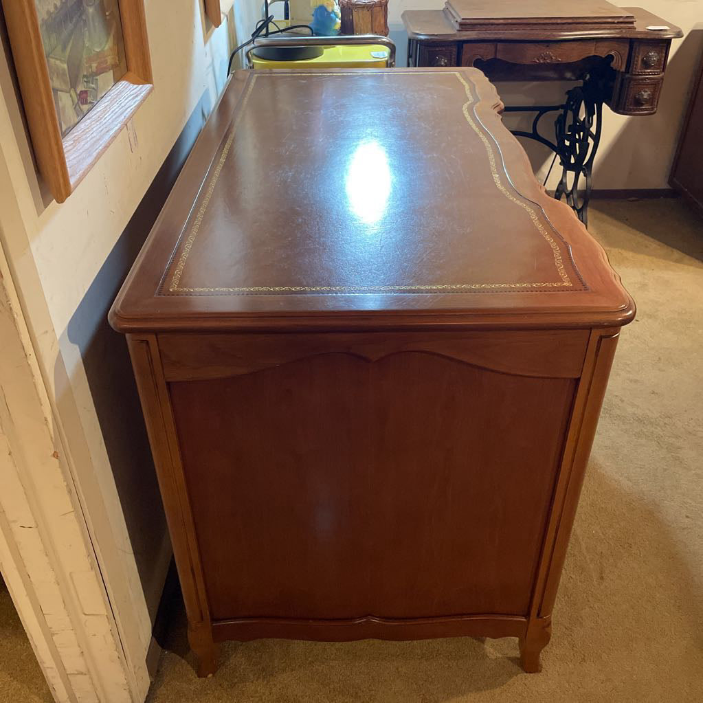 French Provincial Leather Top with Gold Detailing 9 Drawer Desk