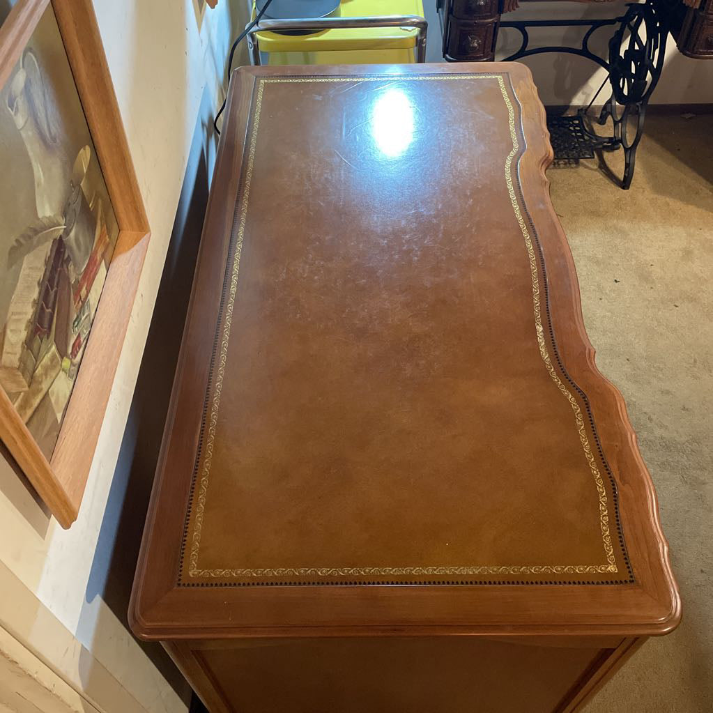 French Provincial Leather Top with Gold Detailing 9 Drawer Desk