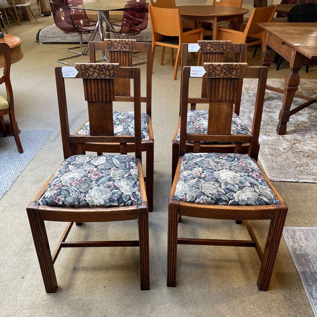 Oak Carved Back Floral Seat Dining Chairs SET of 4 C DINING CHAIRS
