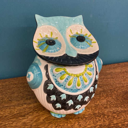 Turquoise Pattern Ceramic Owl Cookie Jar SMALLS