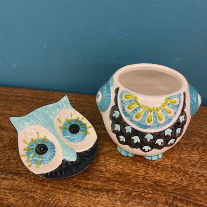 Turquoise Pattern Ceramic Owl Cookie Jar SMALLS