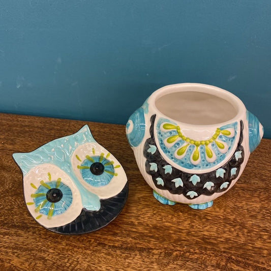 Turquoise Pattern Ceramic Owl Cookie Jar SMALLS