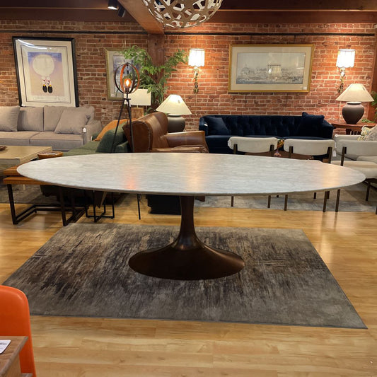 RH White Pedestal Base Oval Marble Dining Table