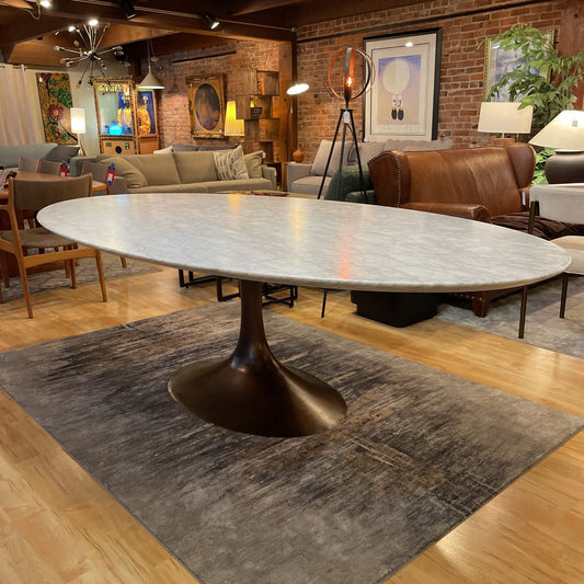 RH White Pedestal Base Oval Marble Dining Table