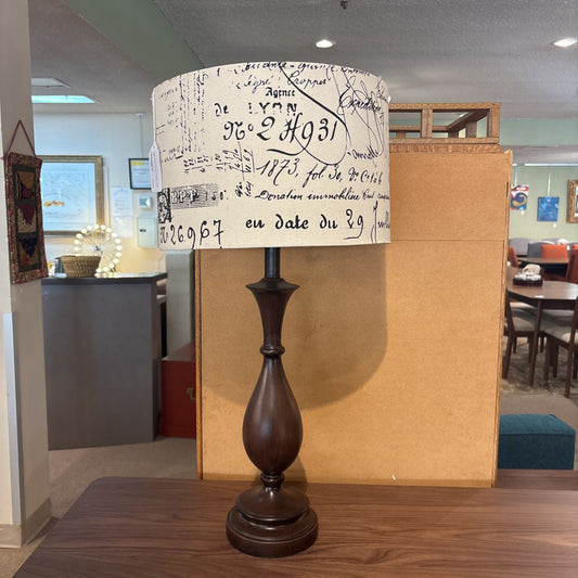Linen Script Shade Wooden Lamp