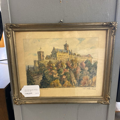 1934 Wartburg Castle Germany Watercolor w/German Writing on back of Art