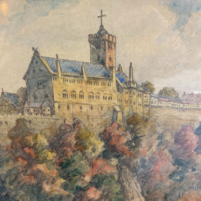 1934 Wartburg Castle Germany Watercolor w/German Writing on back of Art