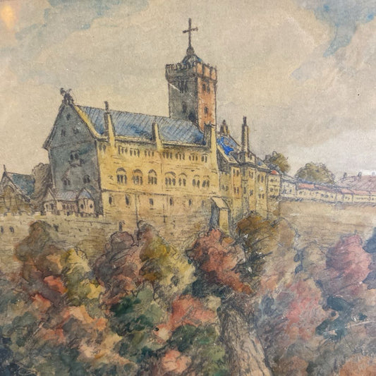 1934 Wartburg Castle Germany Watercolor w/German Writing on back of Art ART