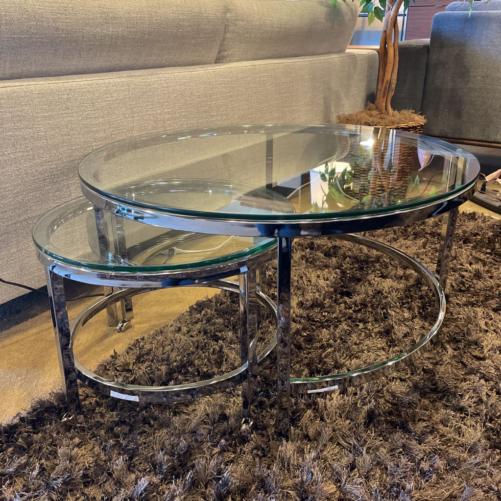 Glass & Chrome Round Nesting Coffee Tables set of 2