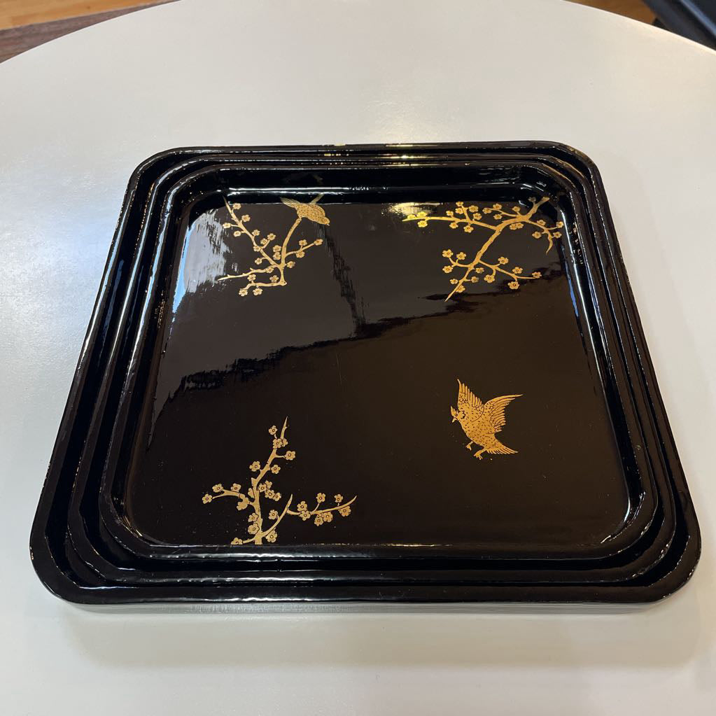 Square Black Lacquer Trays with Gold Birds SET OF 3